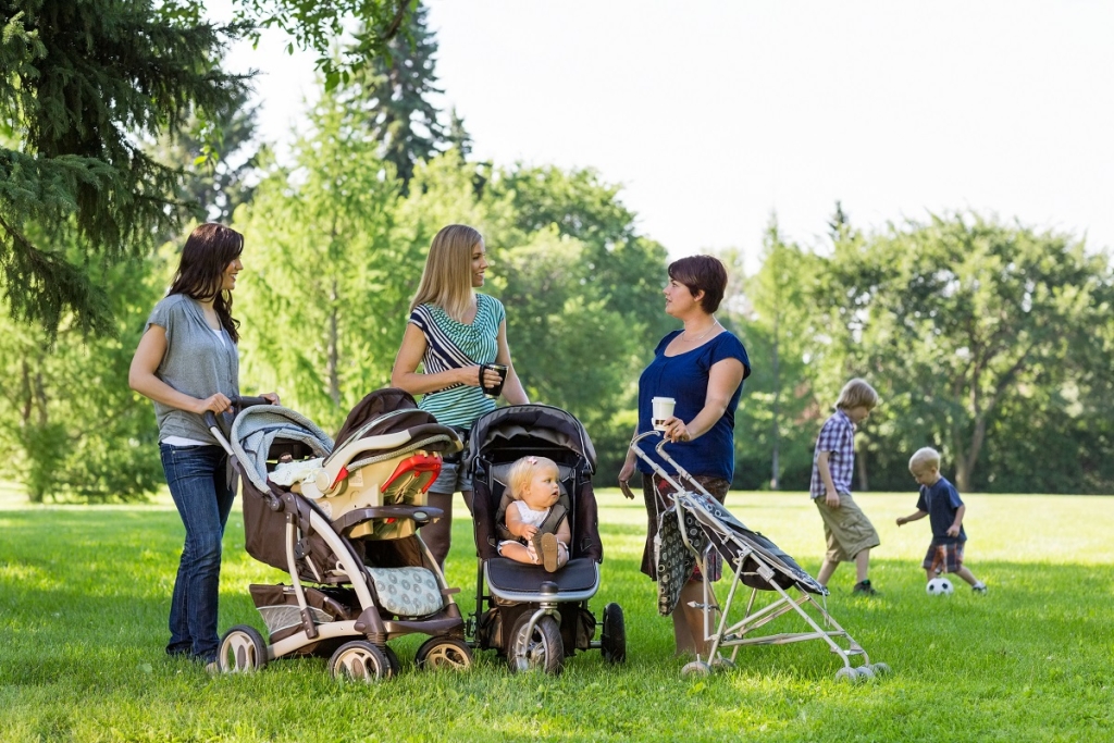 Happy mothers with baby strollers talking in park