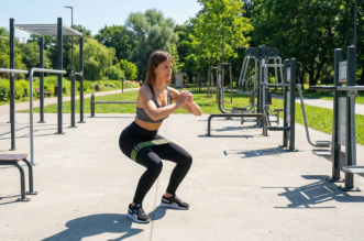 Malé fitness pomôcky na domáci tréning vrátane činiek, odporových gúm a podložky.