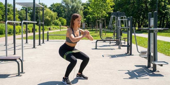 Malé fitness pomôcky na domáci tréning vrátane činiek, odporových gúm a podložky.